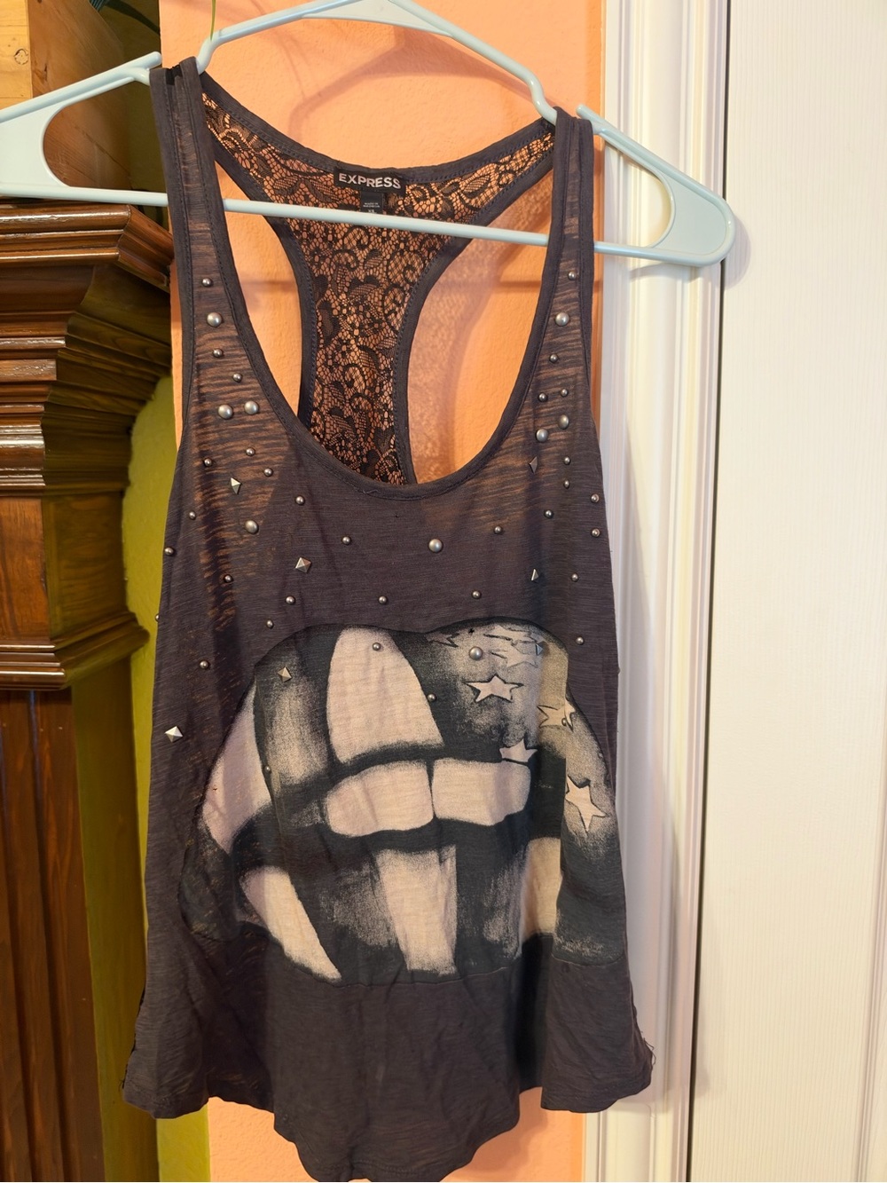 Express Black Lace-Back Studded Graphic Tank Top